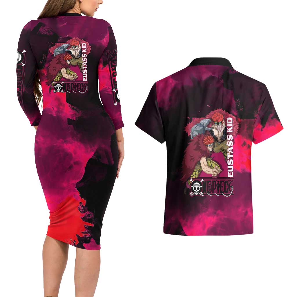 Eustass Kid One Piece Theme Red and Black Grunge Design Couples Matching Long Sleeve Bodycon Dress and Hawaiian Shirt with Mechanical Arm and Pirate Emblem - The Mazicc
