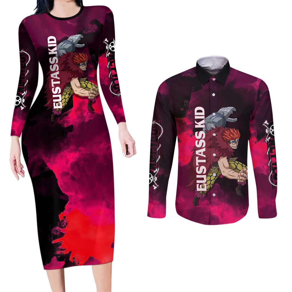 Eustass Kid One Piece Theme Red and Black Grunge Design Couples Matching Long Sleeve Bodycon Dress and Long Sleeve Button Shirt with Mechanical Arm and Pirate Emblem - The Mazicc