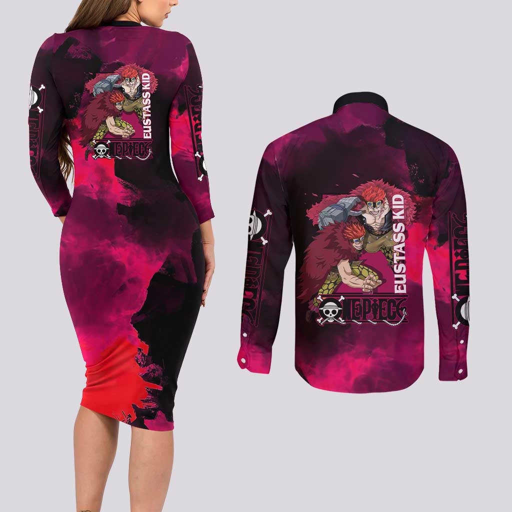 Eustass Kid One Piece Theme Red and Black Grunge Design Couples Matching Long Sleeve Bodycon Dress and Long Sleeve Button Shirt with Mechanical Arm and Pirate Emblem - The Mazicc