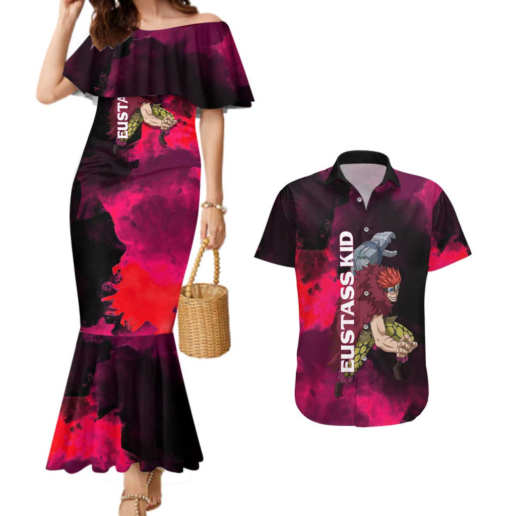 Eustass Kid One Piece Theme Red and Black Grunge Design Couples Matching Mermaid Dress and Hawaiian Shirt with Mechanical Arm and Pirate Emblem - The Mazicc