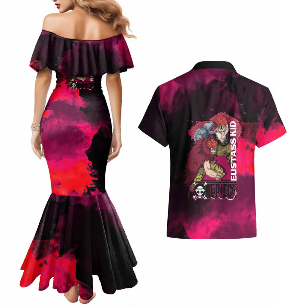 Eustass Kid One Piece Theme Red and Black Grunge Design Couples Matching Mermaid Dress and Hawaiian Shirt with Mechanical Arm and Pirate Emblem - The Mazicc