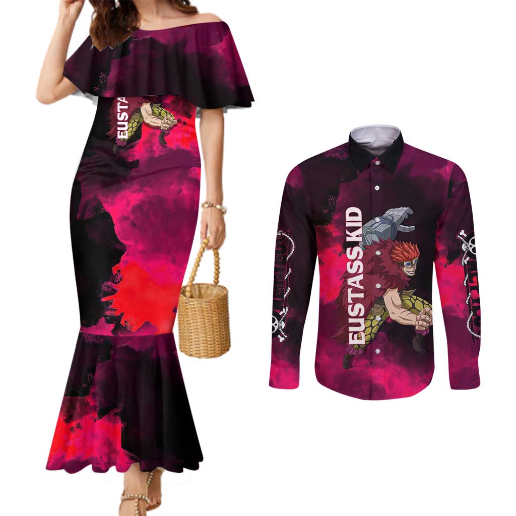 Eustass Kid One Piece Theme Red and Black Grunge Design Couples Matching Mermaid Dress and Long Sleeve Button Shirt with Mechanical Arm and Pirate Emblem - The Mazicc