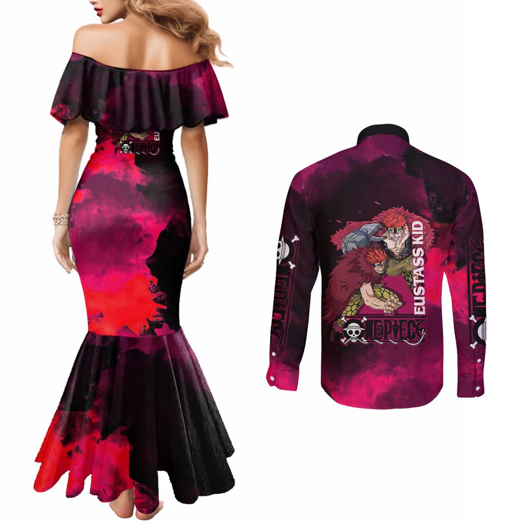 Eustass Kid One Piece Theme Red and Black Grunge Design Couples Matching Mermaid Dress and Long Sleeve Button Shirt with Mechanical Arm and Pirate Emblem - The Mazicc