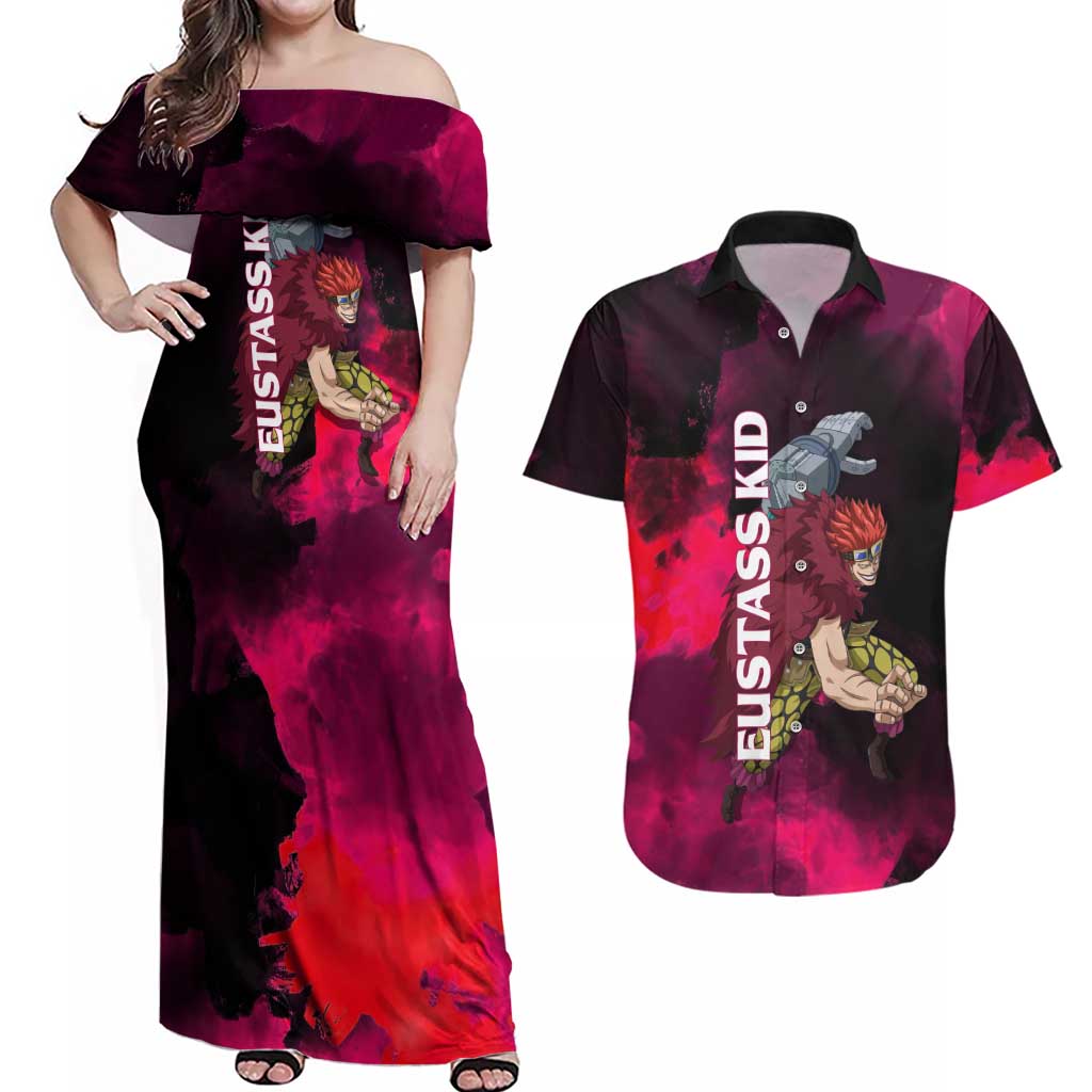Eustass Kid One Piece Theme Red and Black Grunge Design Couples Matching Off Shoulder Maxi Dress and Hawaiian Shirt with Mechanical Arm and Pirate Emblem - The Mazicc