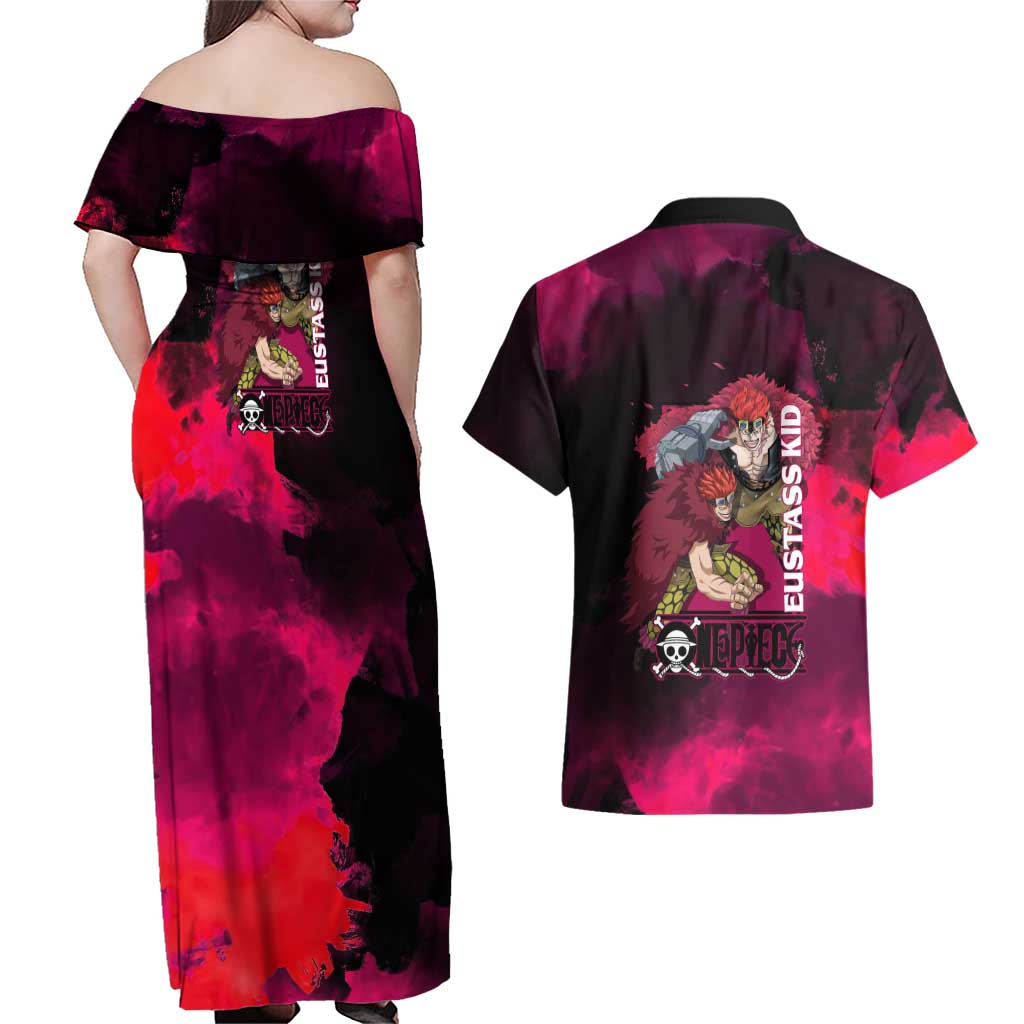 Eustass Kid One Piece Theme Red and Black Grunge Design Couples Matching Off Shoulder Maxi Dress and Hawaiian Shirt with Mechanical Arm and Pirate Emblem - The Mazicc