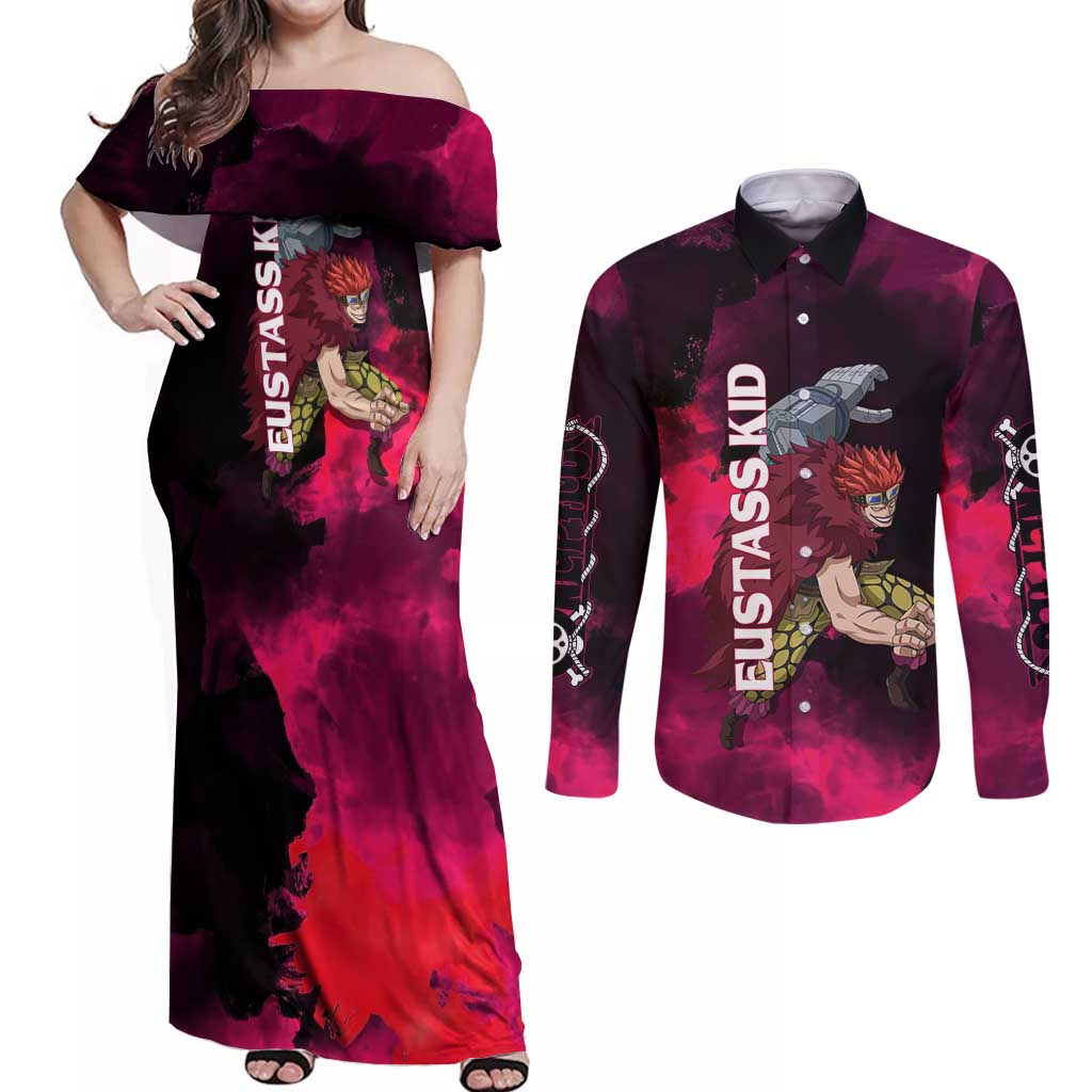 Eustass Kid One Piece Theme Red and Black Grunge Design Couples Matching Off Shoulder Maxi Dress and Long Sleeve Button Shirt with Mechanical Arm and Pirate Emblem - The Mazicc