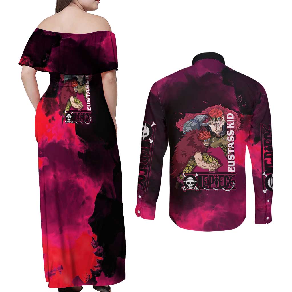 Eustass Kid One Piece Theme Red and Black Grunge Design Couples Matching Off Shoulder Maxi Dress and Long Sleeve Button Shirt with Mechanical Arm and Pirate Emblem - The Mazicc