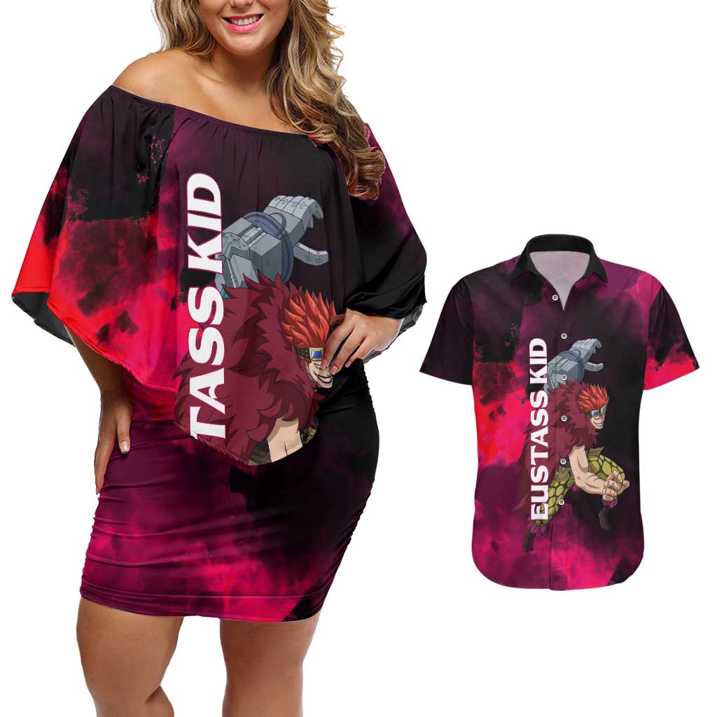 Eustass Kid One Piece Theme Red and Black Grunge Design Couples Matching Off Shoulder Short Dress and Hawaiian Shirt with Mechanical Arm and Pirate Emblem - The Mazicc