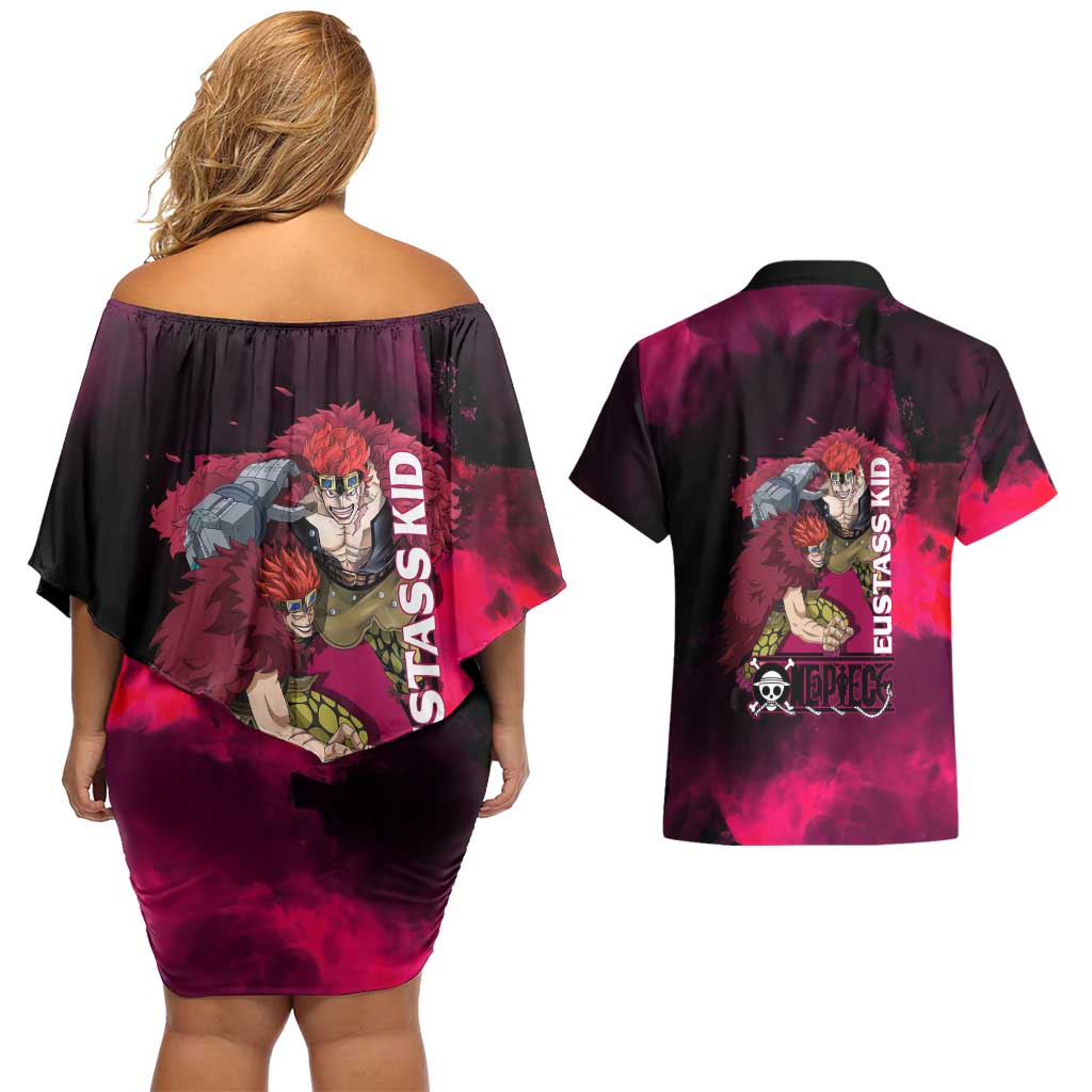 Eustass Kid One Piece Theme Red and Black Grunge Design Couples Matching Off Shoulder Short Dress and Hawaiian Shirt with Mechanical Arm and Pirate Emblem - The Mazicc