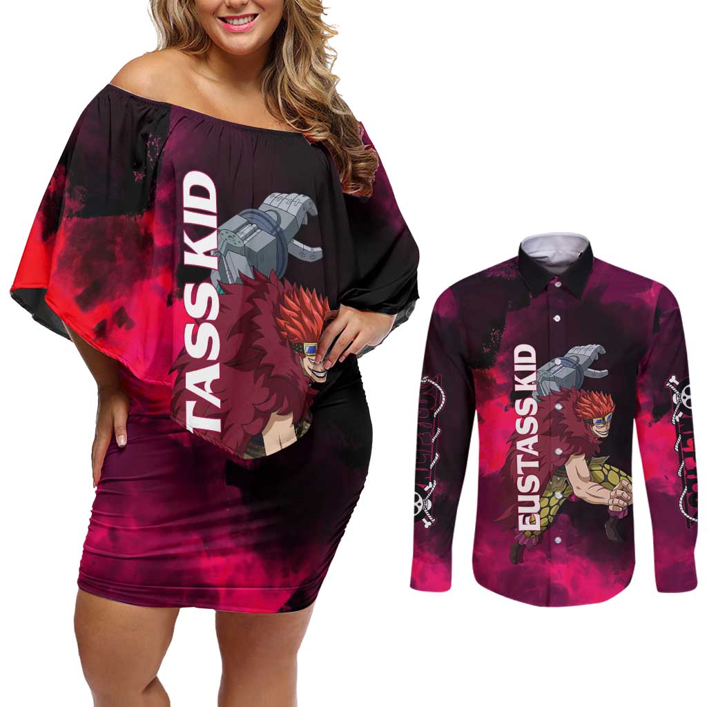 Eustass Kid One Piece Theme Red and Black Grunge Design Couples Matching Off Shoulder Short Dress and Long Sleeve Button Shirt with Mechanical Arm and Pirate Emblem - The Mazicc