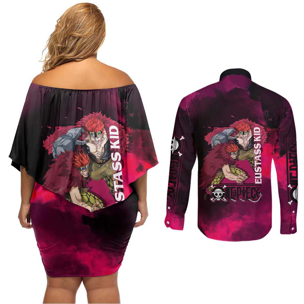 Eustass Kid One Piece Theme Red and Black Grunge Design Couples Matching Off Shoulder Short Dress and Long Sleeve Button Shirt with Mechanical Arm and Pirate Emblem - The Mazicc