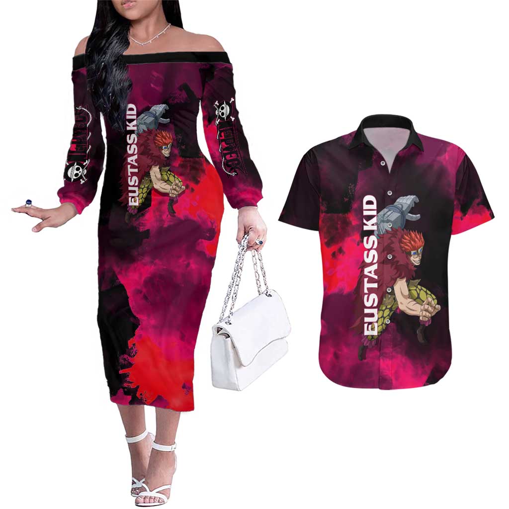 Eustass Kid One Piece Theme Red and Black Grunge Design Couples Matching Off The Shoulder Long Sleeve Dress and Hawaiian Shirt with Mechanical Arm and Pirate Emblem - The Mazicc