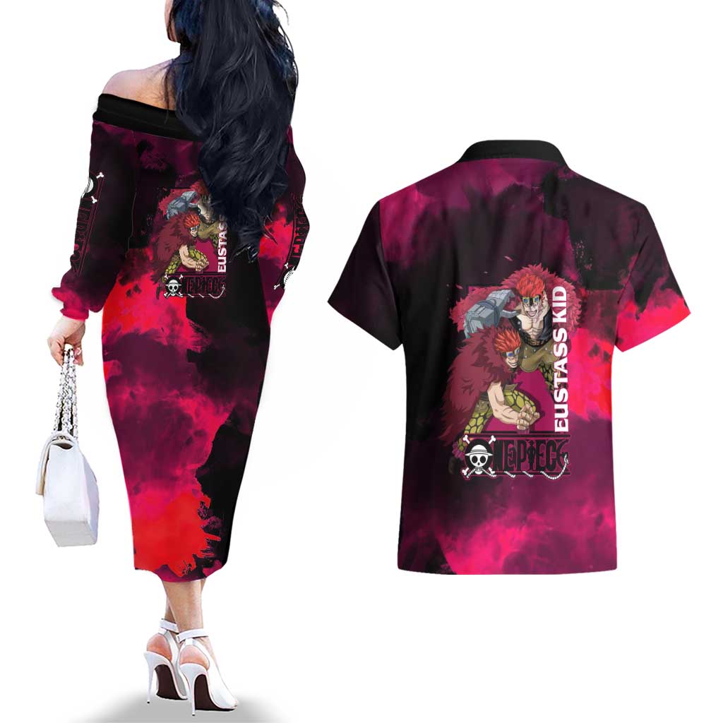 Eustass Kid One Piece Theme Red and Black Grunge Design Couples Matching Off The Shoulder Long Sleeve Dress and Hawaiian Shirt with Mechanical Arm and Pirate Emblem - The Mazicc