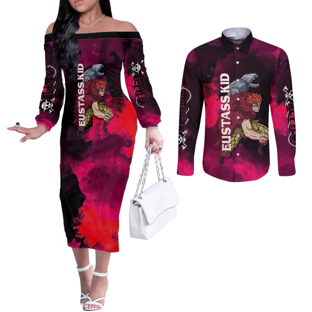 Eustass Kid One Piece Theme Red and Black Grunge Design Couples Matching Off The Shoulder Long Sleeve Dress and Long Sleeve Button Shirt with Mechanical Arm and Pirate Emblem - The Mazicc
