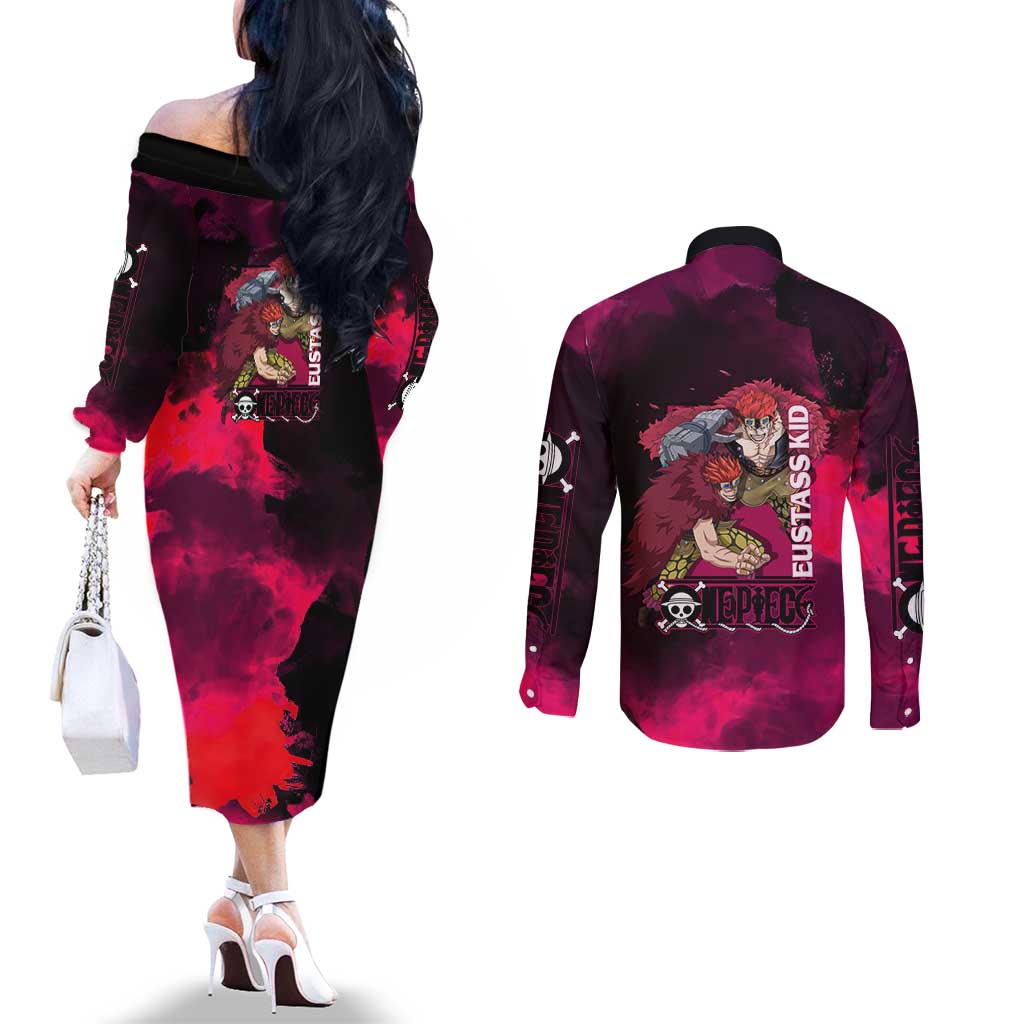 Eustass Kid One Piece Theme Red and Black Grunge Design Couples Matching Off The Shoulder Long Sleeve Dress and Long Sleeve Button Shirt with Mechanical Arm and Pirate Emblem - The Mazicc