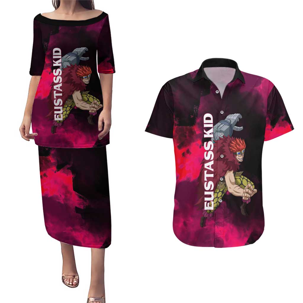 Eustass Kid One Piece Theme Red and Black Grunge Design Couples Matching Puletasi and Hawaiian Shirt with Mechanical Arm and Pirate Emblem - The Mazicc