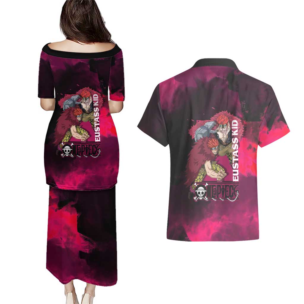Eustass Kid One Piece Theme Red and Black Grunge Design Couples Matching Puletasi and Hawaiian Shirt with Mechanical Arm and Pirate Emblem - The Mazicc