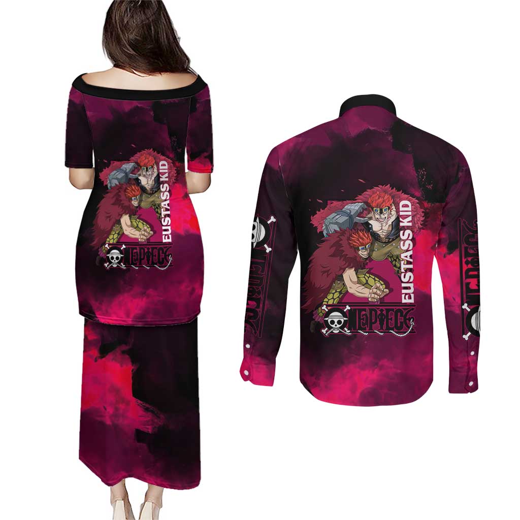Eustass Kid One Piece Theme Red and Black Grunge Design Couples Matching Puletasi and Long Sleeve Button Shirt with Mechanical Arm and Pirate Emblem - The Mazicc