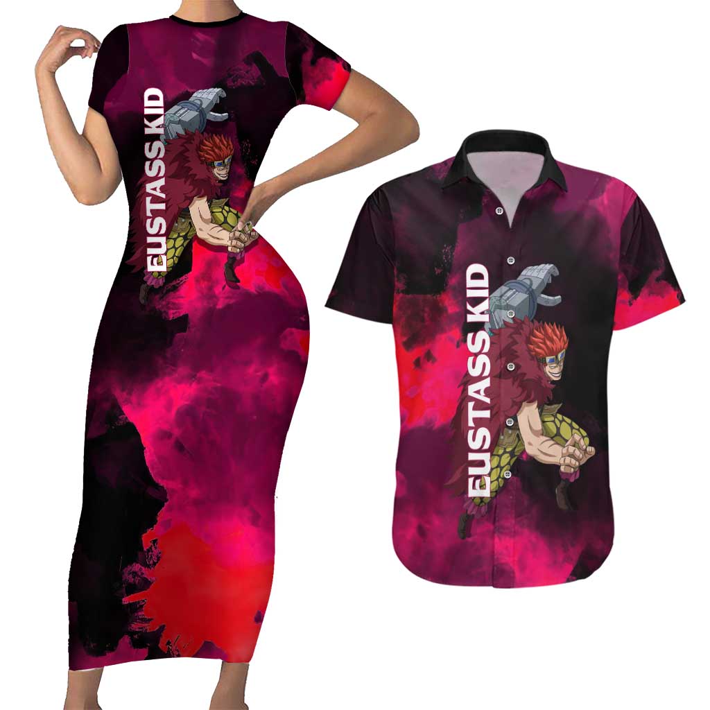 Eustass Kid One Piece Theme Red and Black Grunge Design Couples Matching Short Sleeve Bodycon Dress and Hawaiian Shirt with Mechanical Arm and Pirate Emblem - The Mazicc