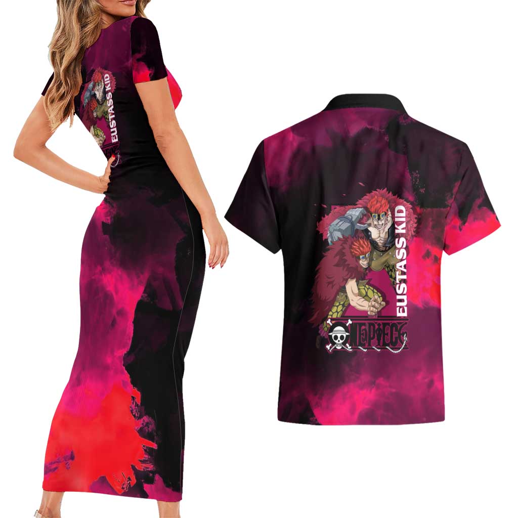 Eustass Kid One Piece Theme Red and Black Grunge Design Couples Matching Short Sleeve Bodycon Dress and Hawaiian Shirt with Mechanical Arm and Pirate Emblem - The Mazicc