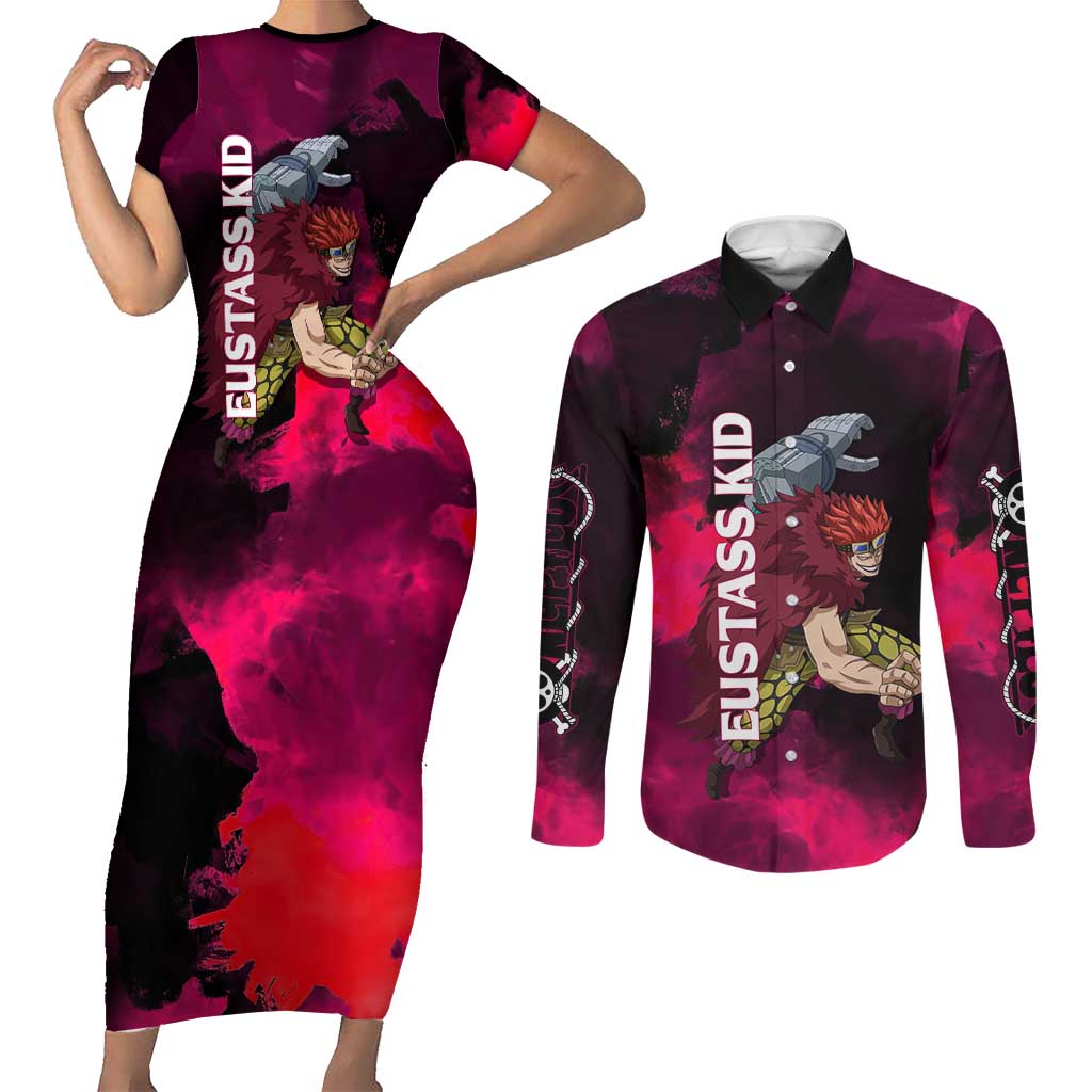 Eustass Kid One Piece Theme Red and Black Grunge Design Couples Matching Short Sleeve Bodycon Dress and Long Sleeve Button Shirt with Mechanical Arm and Pirate Emblem - The Mazicc