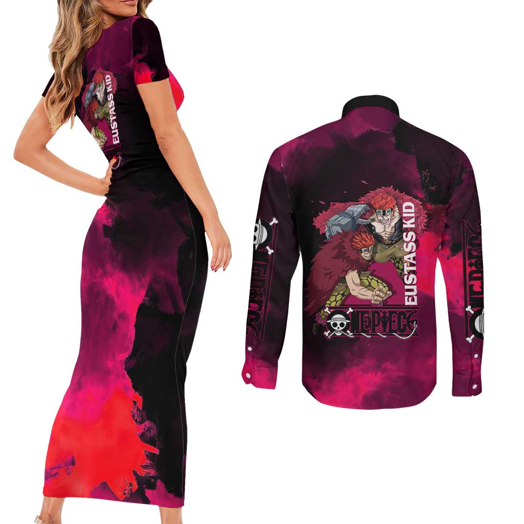 Eustass Kid One Piece Theme Red and Black Grunge Design Couples Matching Short Sleeve Bodycon Dress and Long Sleeve Button Shirt with Mechanical Arm and Pirate Emblem - The Mazicc