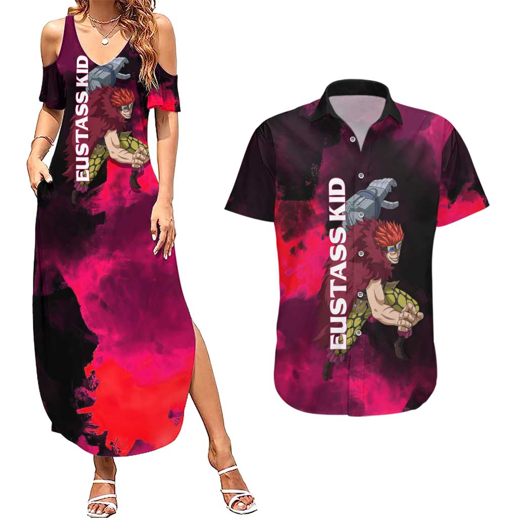 Eustass Kid One Piece Theme Red and Black Grunge Design Couples Matching Summer Maxi Dress and Hawaiian Shirt with Mechanical Arm and Pirate Emblem - The Mazicc