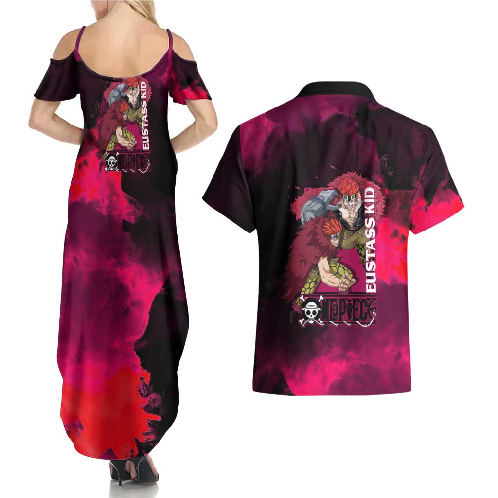 Eustass Kid One Piece Theme Red and Black Grunge Design Couples Matching Summer Maxi Dress and Hawaiian Shirt with Mechanical Arm and Pirate Emblem - The Mazicc