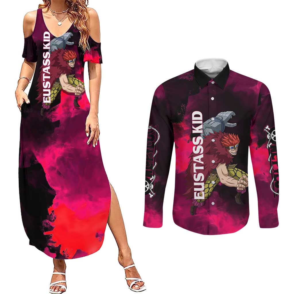 Eustass Kid One Piece Theme Red and Black Grunge Design Couples Matching Summer Maxi Dress and Long Sleeve Button Shirt with Mechanical Arm and Pirate Emblem - The Mazicc