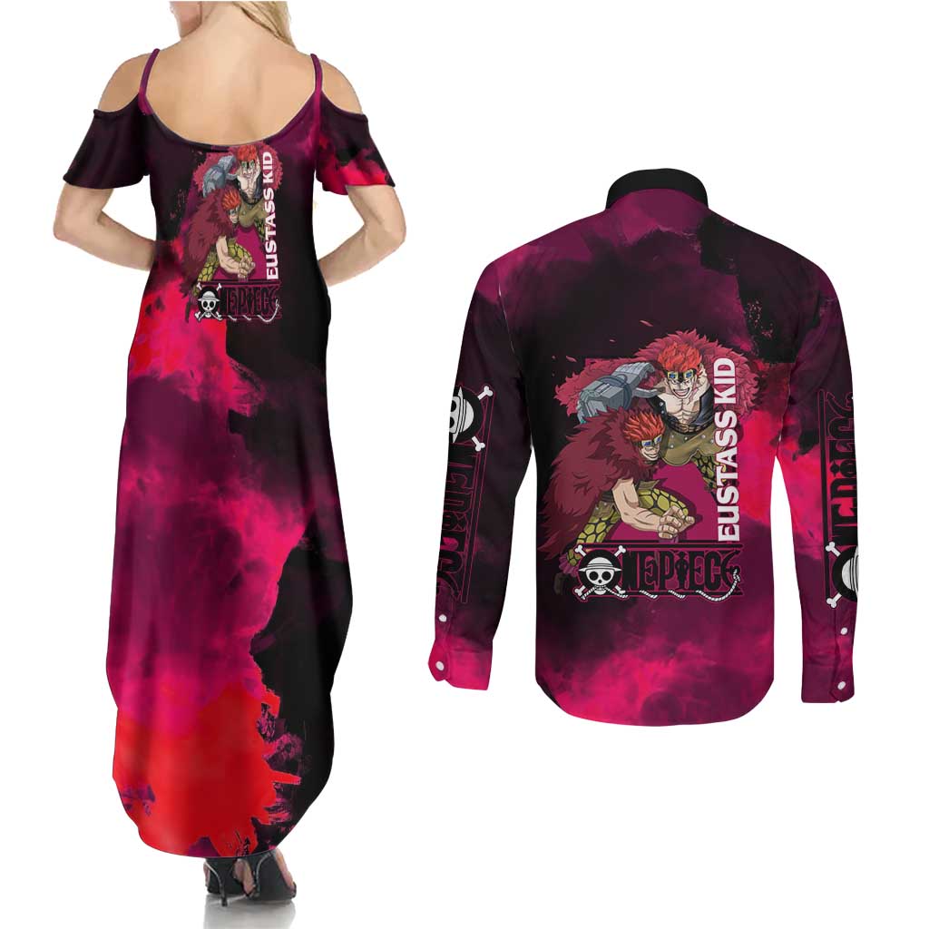 Eustass Kid One Piece Theme Red and Black Grunge Design Couples Matching Summer Maxi Dress and Long Sleeve Button Shirt with Mechanical Arm and Pirate Emblem - The Mazicc
