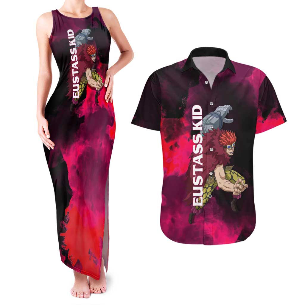 Eustass Kid One Piece Theme Red and Black Grunge Design Couples Matching Tank Maxi Dress and Hawaiian Shirt with Mechanical Arm and Pirate Emblem - The Mazicc