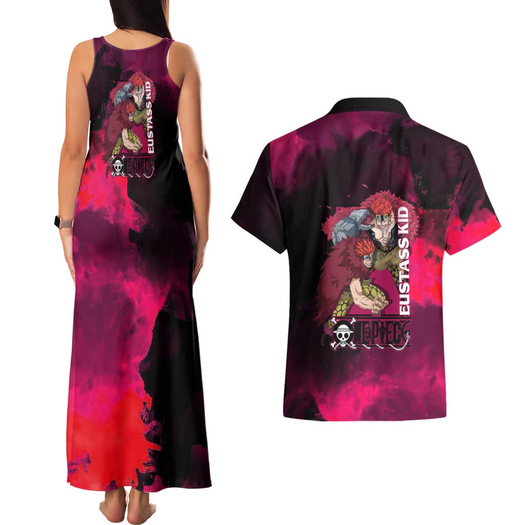Eustass Kid One Piece Theme Red and Black Grunge Design Couples Matching Tank Maxi Dress and Hawaiian Shirt with Mechanical Arm and Pirate Emblem - The Mazicc