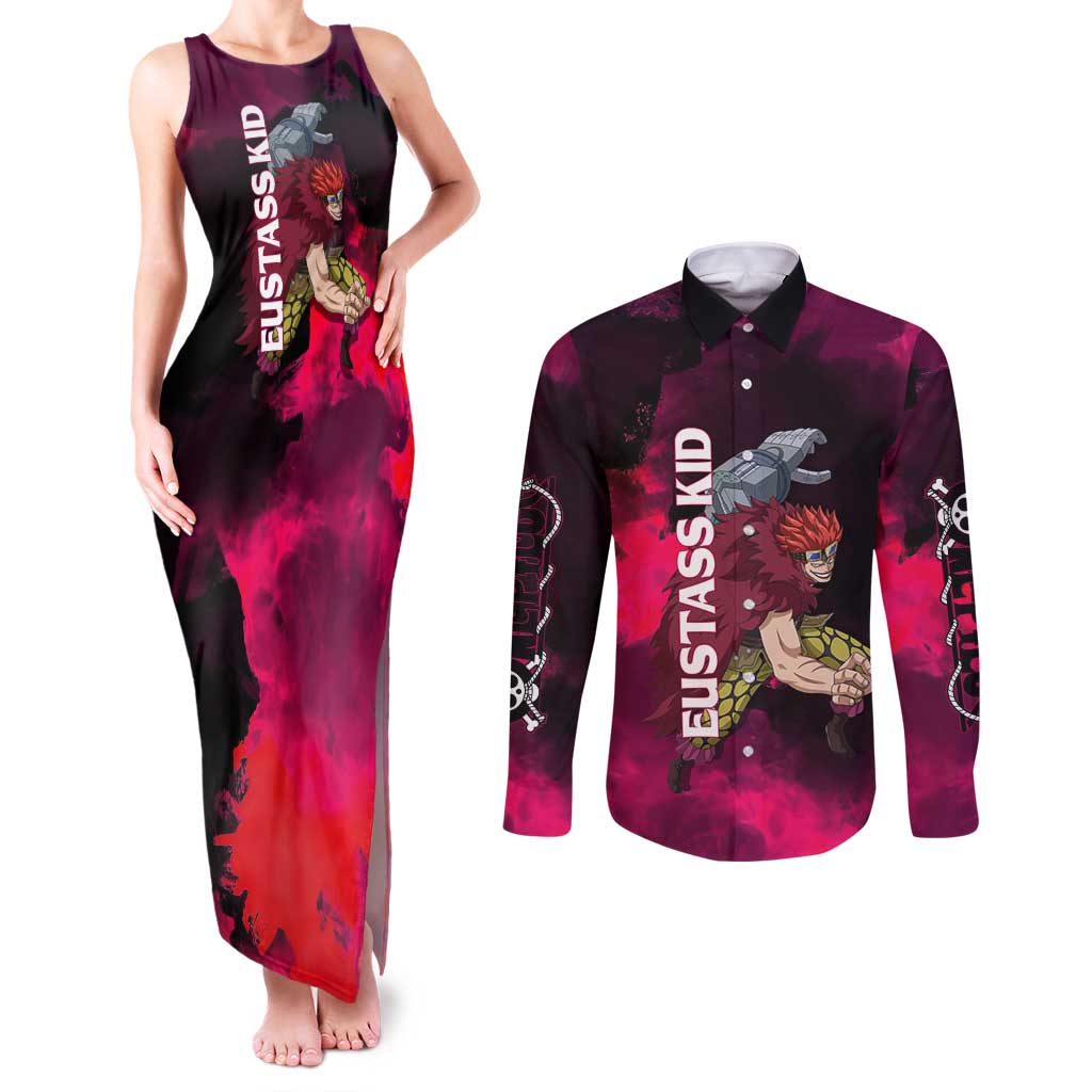 Eustass Kid One Piece Theme Red and Black Grunge Design Couples Matching Tank Maxi Dress and Long Sleeve Button Shirt with Mechanical Arm and Pirate Emblem - The Mazicc