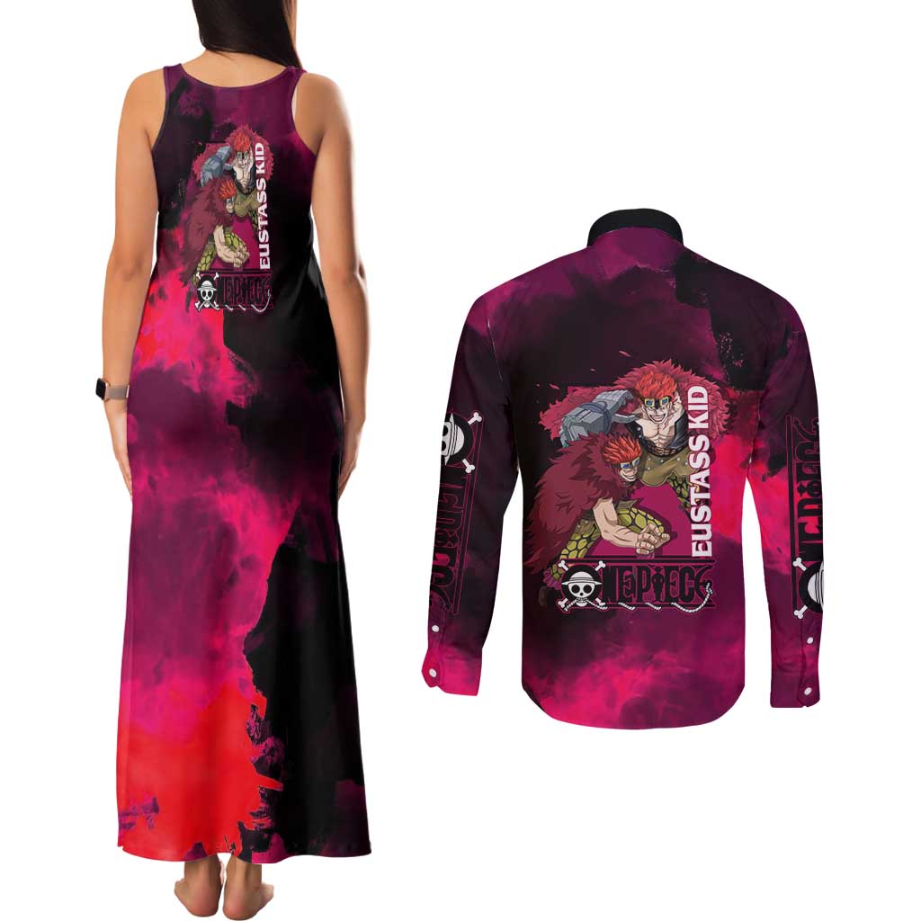 Eustass Kid One Piece Theme Red and Black Grunge Design Couples Matching Tank Maxi Dress and Long Sleeve Button Shirt with Mechanical Arm and Pirate Emblem - The Mazicc
