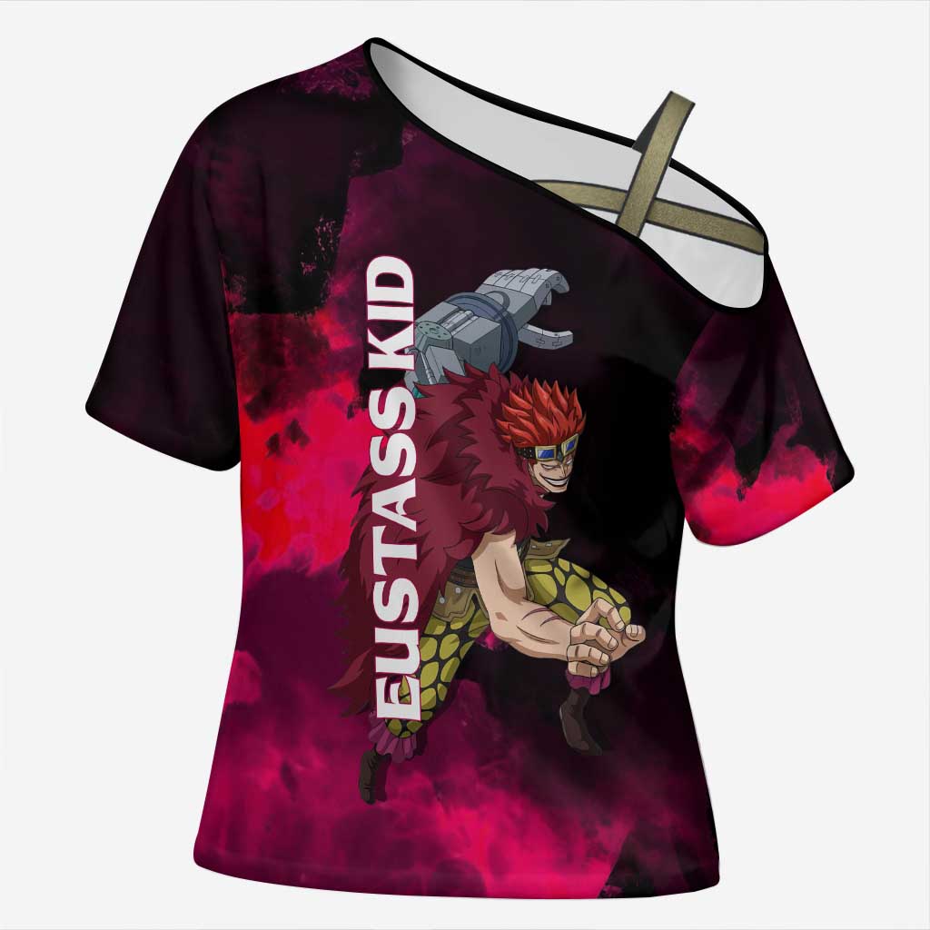 Eustass Kid One Piece Theme Red and Black Grunge Design Cross Shoulder Shirt with Mechanical Arm and Pirate Emblem - The Mazicc