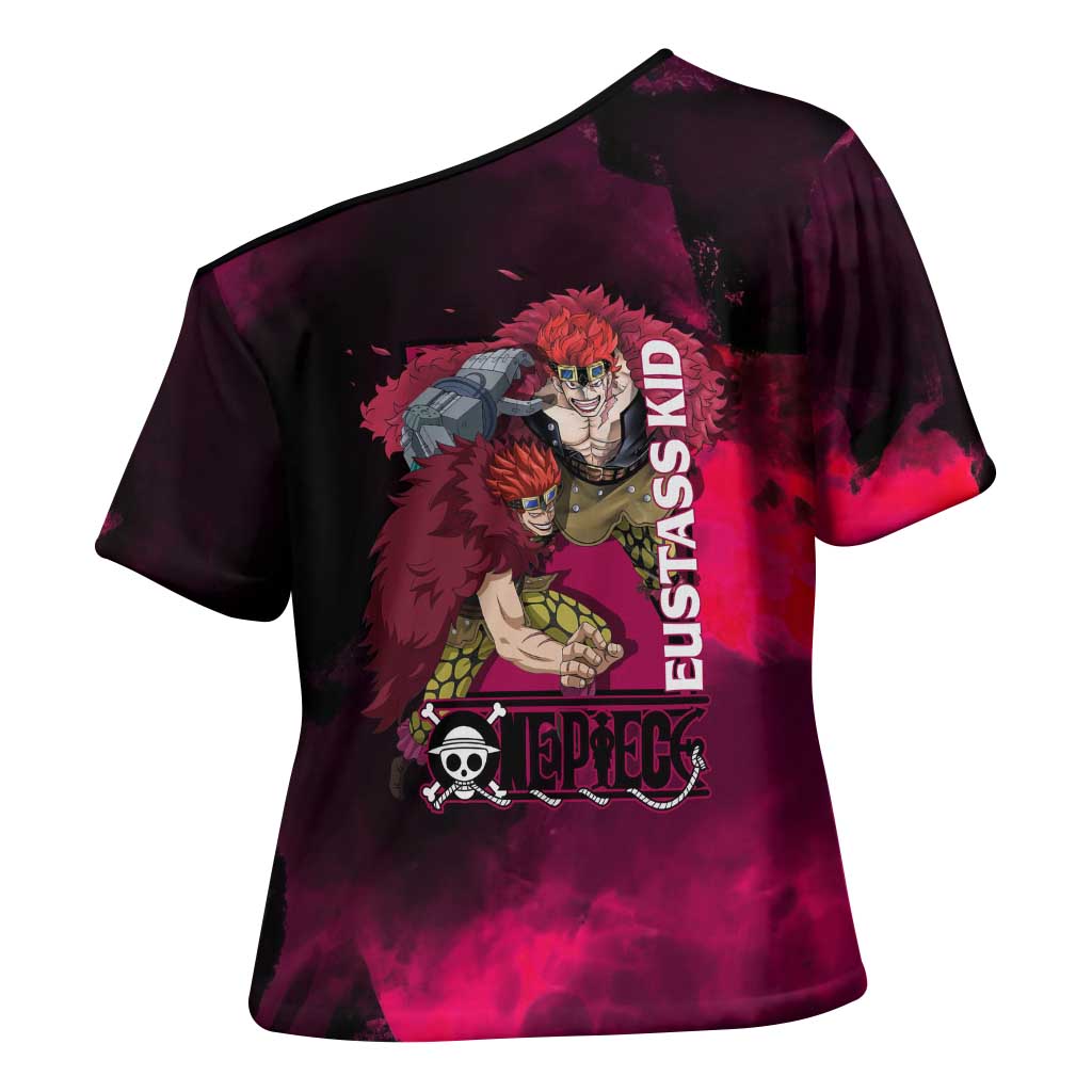 Eustass Kid One Piece Theme Red and Black Grunge Design Cross Shoulder Shirt with Mechanical Arm and Pirate Emblem - The Mazicc