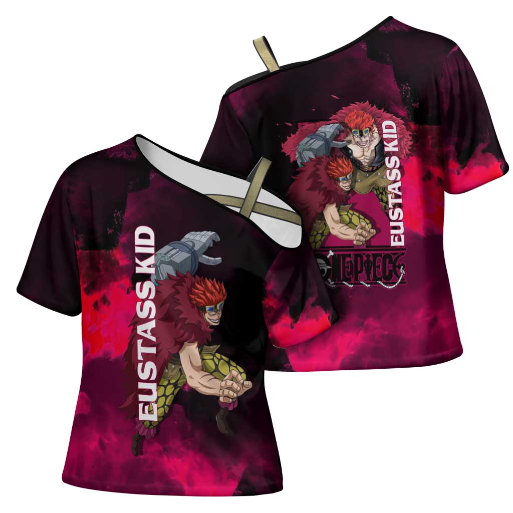 Eustass Kid One Piece Theme Red and Black Grunge Design Cross Shoulder Shirt with Mechanical Arm and Pirate Emblem - The Mazicc