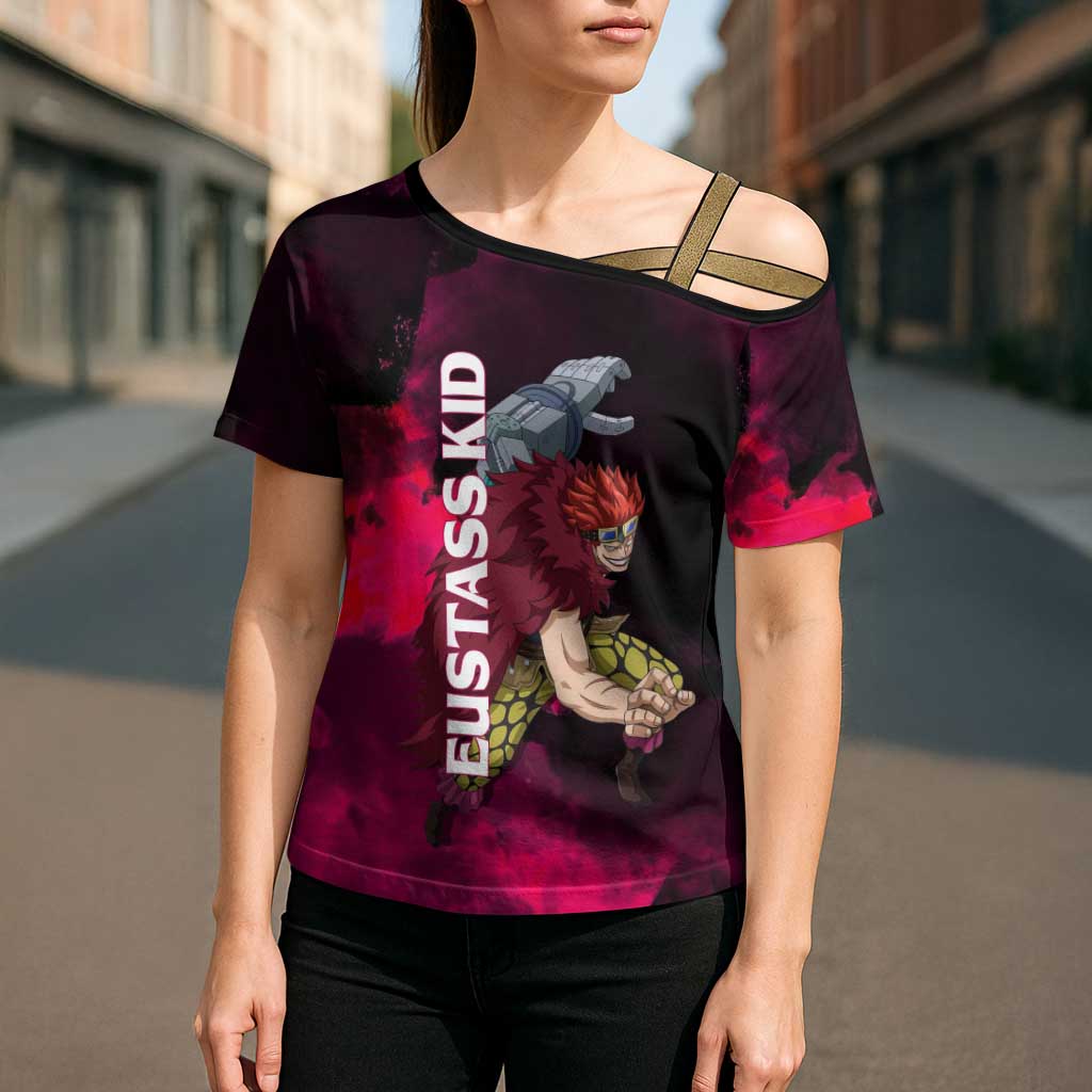 Eustass Kid One Piece Theme Red and Black Grunge Design Cross Shoulder Shirt with Mechanical Arm and Pirate Emblem - The Mazicc