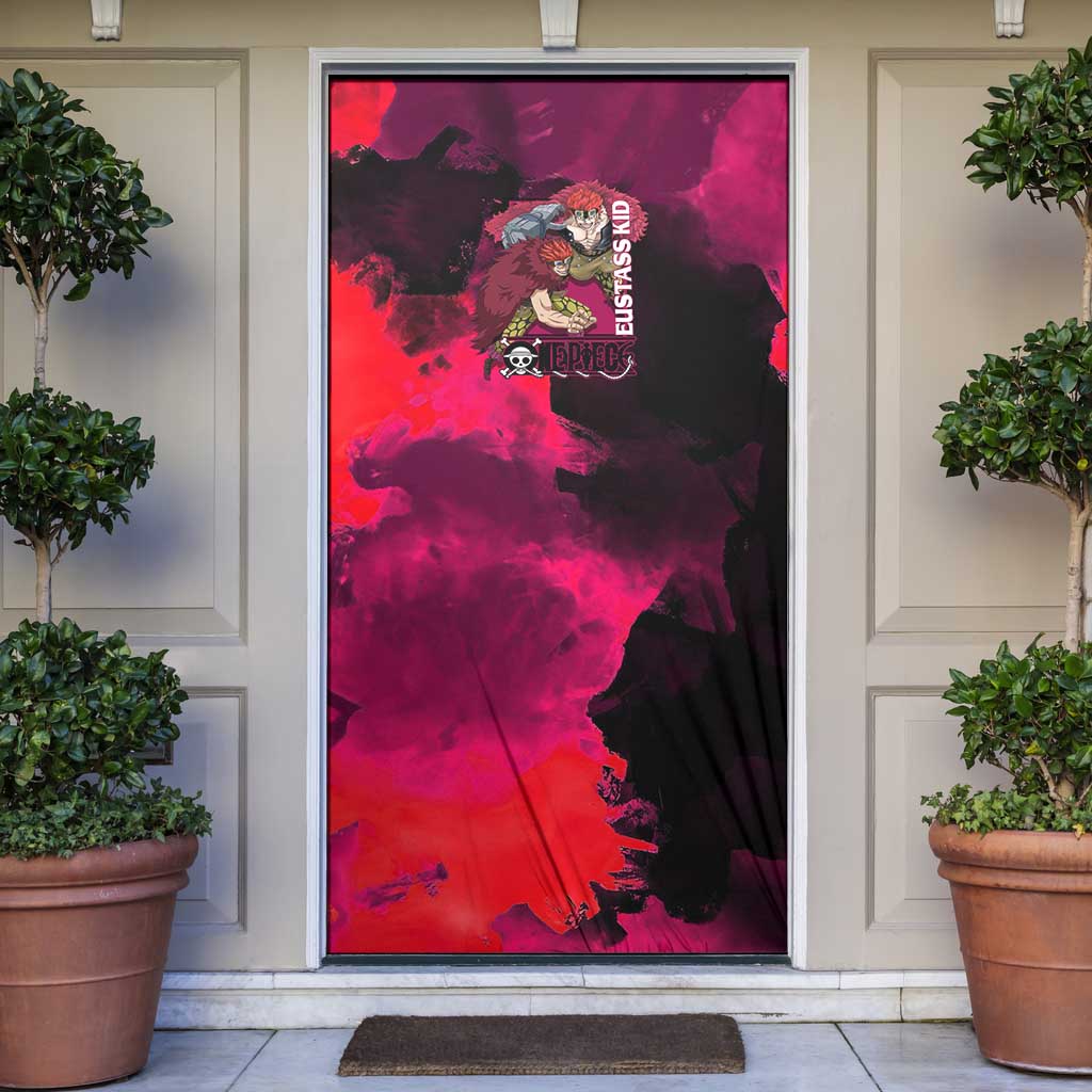 Eustass Kid One Piece Theme Red and Black Grunge Design Door Cover with Mechanical Arm and Pirate Emblem - The Mazicc
