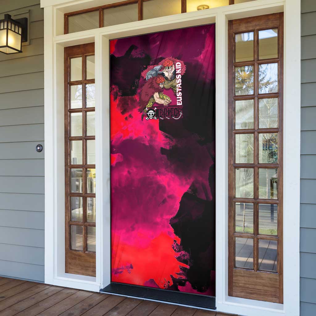 Eustass Kid One Piece Theme Red and Black Grunge Design Door Cover with Mechanical Arm and Pirate Emblem - The Mazicc