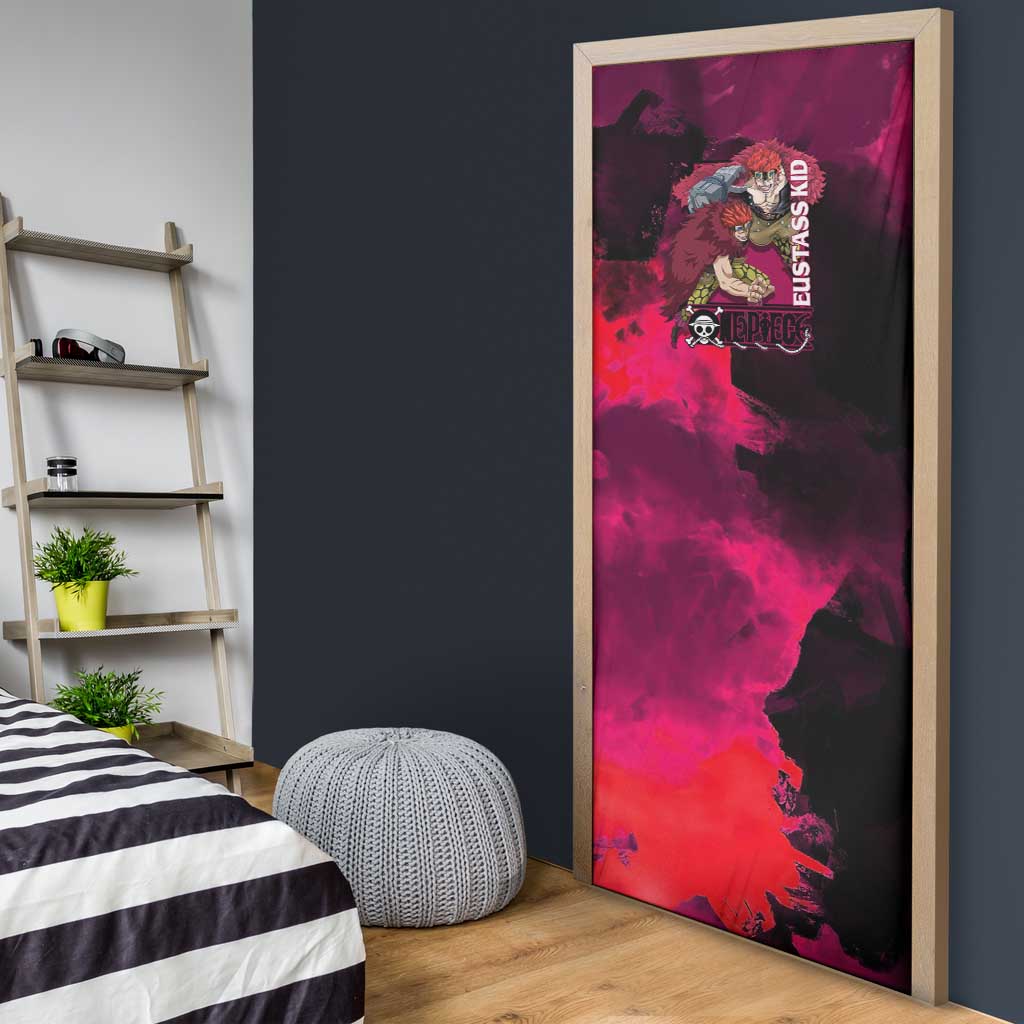 Eustass Kid One Piece Theme Red and Black Grunge Design Door Cover with Mechanical Arm and Pirate Emblem - The Mazicc