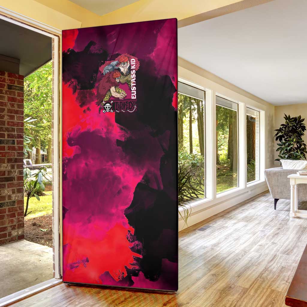 Eustass Kid One Piece Theme Red and Black Grunge Design Door Cover with Mechanical Arm and Pirate Emblem - The Mazicc