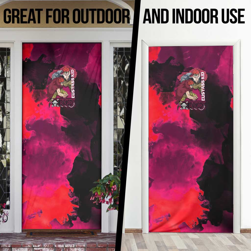 Eustass Kid One Piece Theme Red and Black Grunge Design Door Cover with Mechanical Arm and Pirate Emblem - The Mazicc