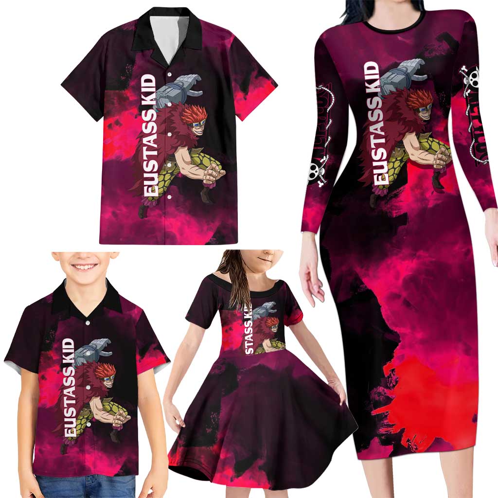 Eustass Kid One Piece Theme Red and Black Grunge Design Family Matching Long Sleeve Bodycon Dress and Hawaiian Shirt with Mechanical Arm and Pirate Emblem