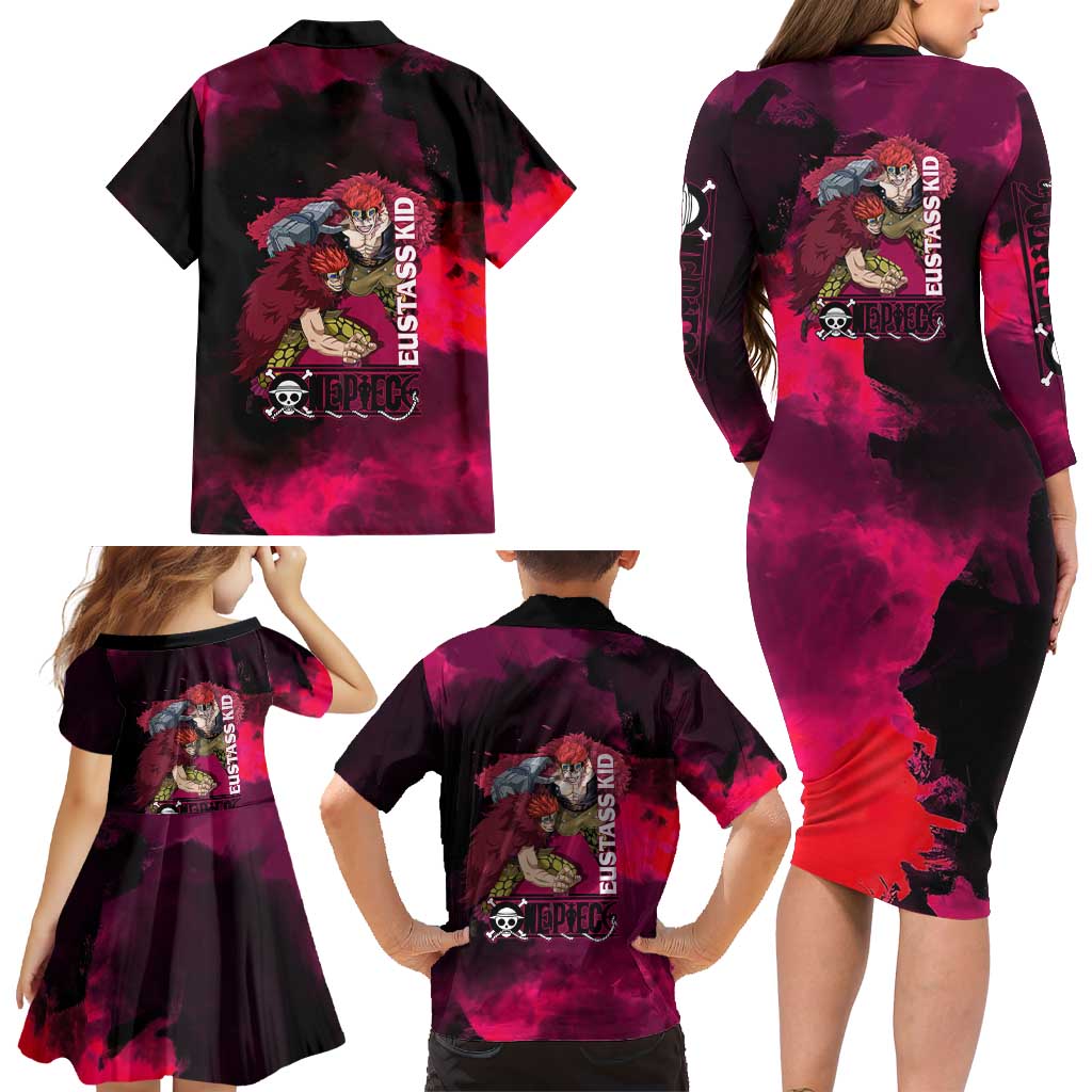 Eustass Kid One Piece Theme Red and Black Grunge Design Family Matching Long Sleeve Bodycon Dress and Hawaiian Shirt with Mechanical Arm and Pirate Emblem
