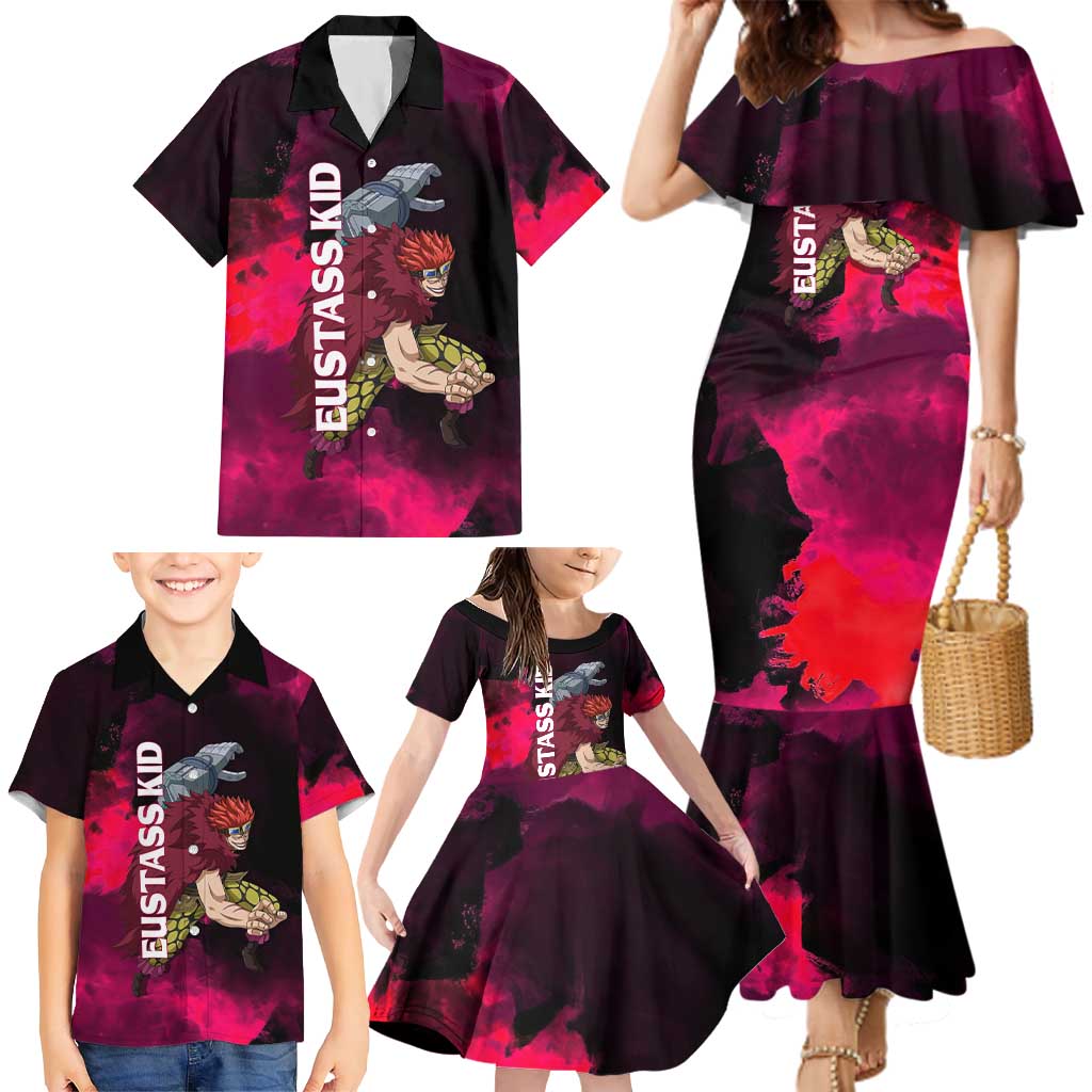 Eustass Kid One Piece Theme Red and Black Grunge Design Family Matching Mermaid Dress and Hawaiian Shirt with Mechanical Arm and Pirate Emblem