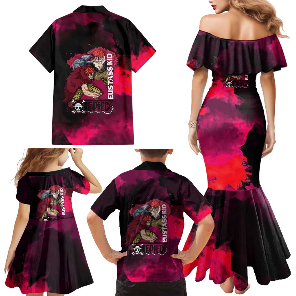 Eustass Kid One Piece Theme Red and Black Grunge Design Family Matching Mermaid Dress and Hawaiian Shirt with Mechanical Arm and Pirate Emblem