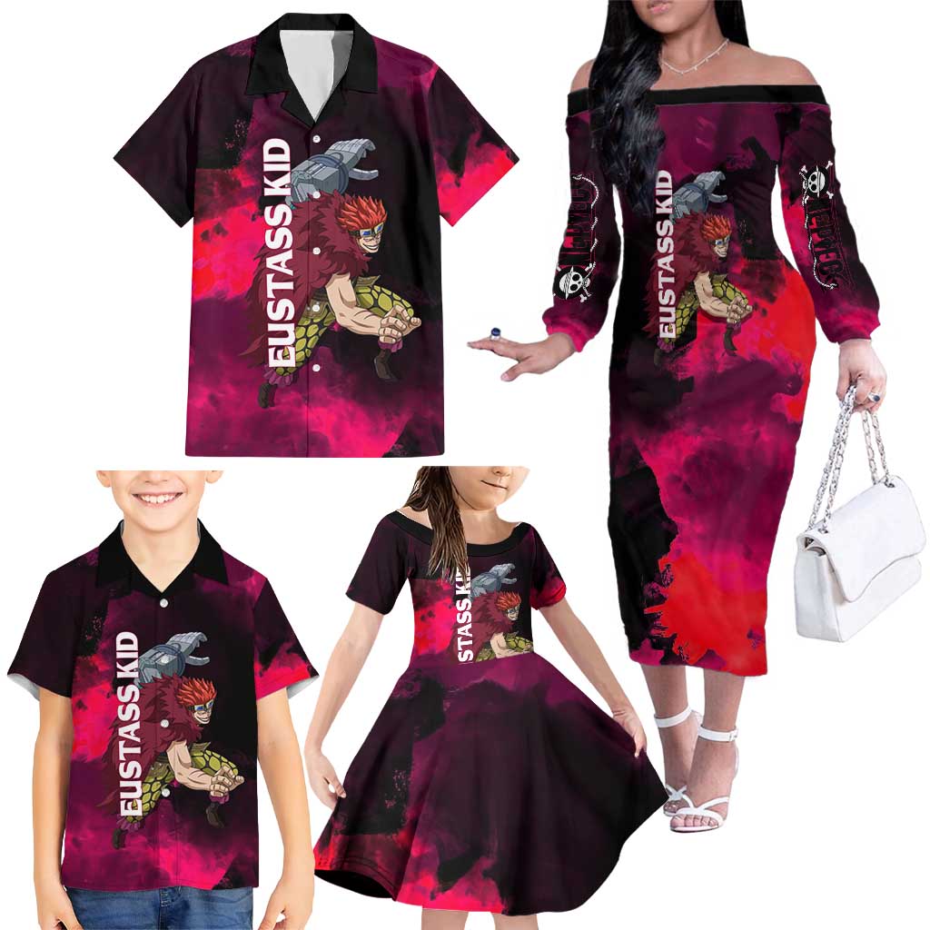 Eustass Kid One Piece Theme Red and Black Grunge Design Family Matching Off The Shoulder Long Sleeve Dress and Hawaiian Shirt with Mechanical Arm and Pirate Emblem