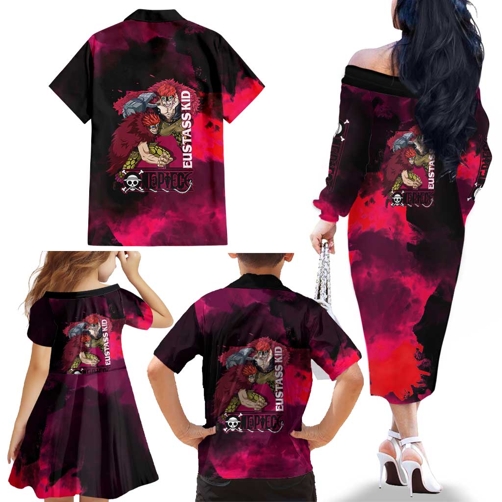 Eustass Kid One Piece Theme Red and Black Grunge Design Family Matching Off The Shoulder Long Sleeve Dress and Hawaiian Shirt with Mechanical Arm and Pirate Emblem