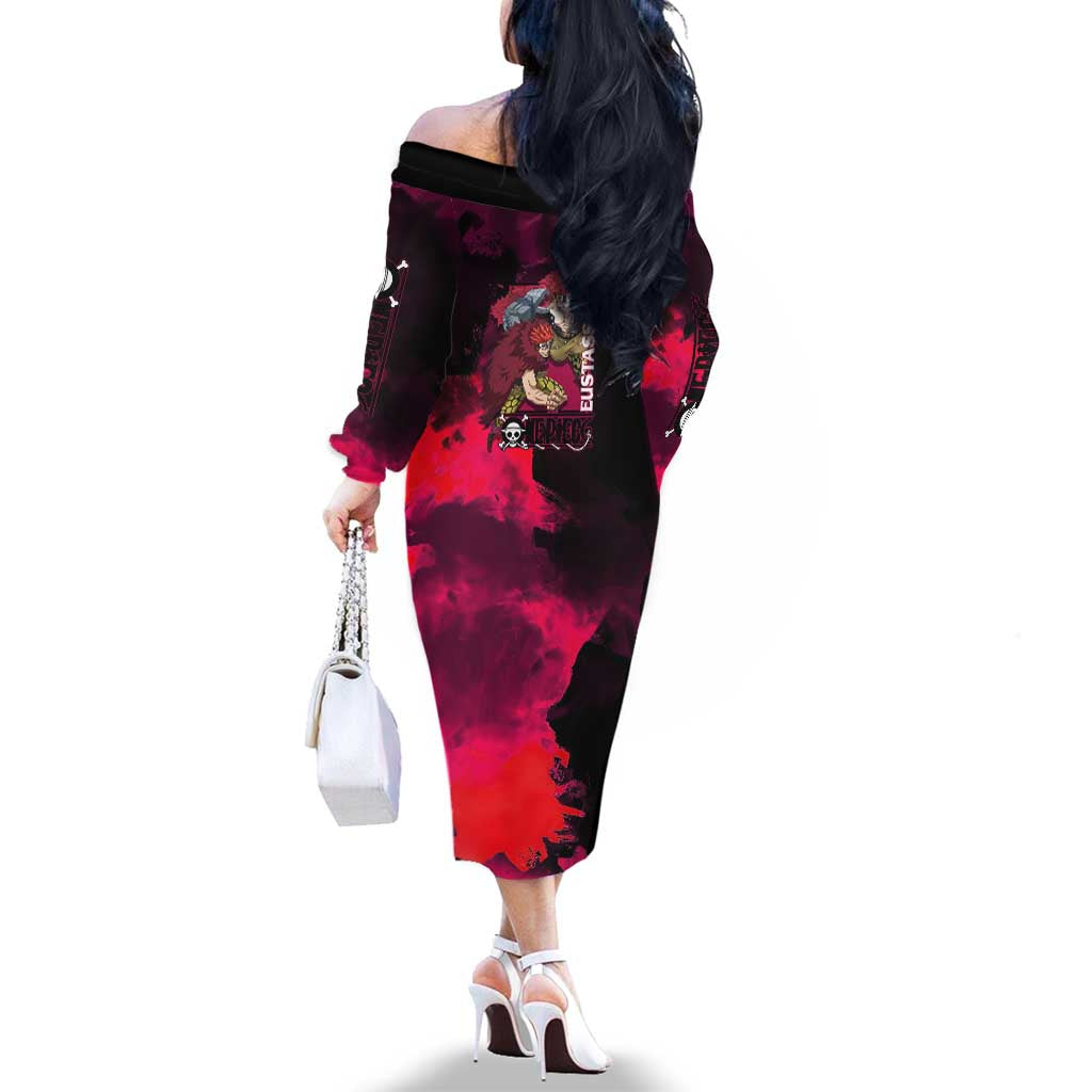 Eustass Kid One Piece Theme Red and Black Grunge Design Family Matching Off The Shoulder Long Sleeve Dress and Hawaiian Shirt with Mechanical Arm and Pirate Emblem